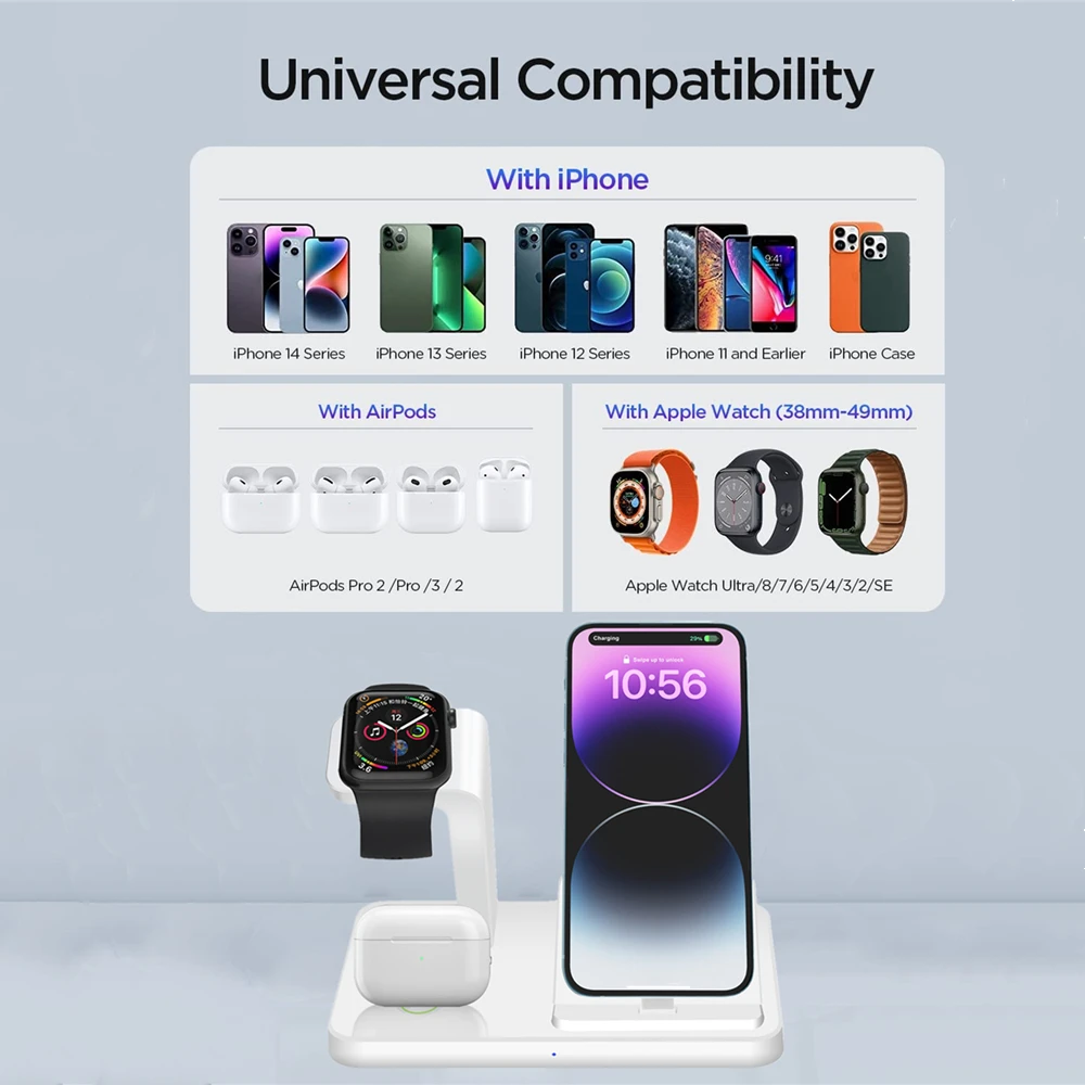 3 인 1 무선 충전기 스탠드, 애플 워치 에어팟 프로, 아이폰 14, 13, 12, 11, XS, XR, X, 8, 7 플러스용, 다중 장치 고속 충전