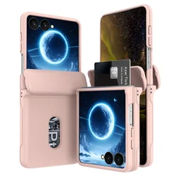 Luxury Matte Card Holder Case with Solid Color and Hinge Protection for Galaxy Z Flip5 (Pink)