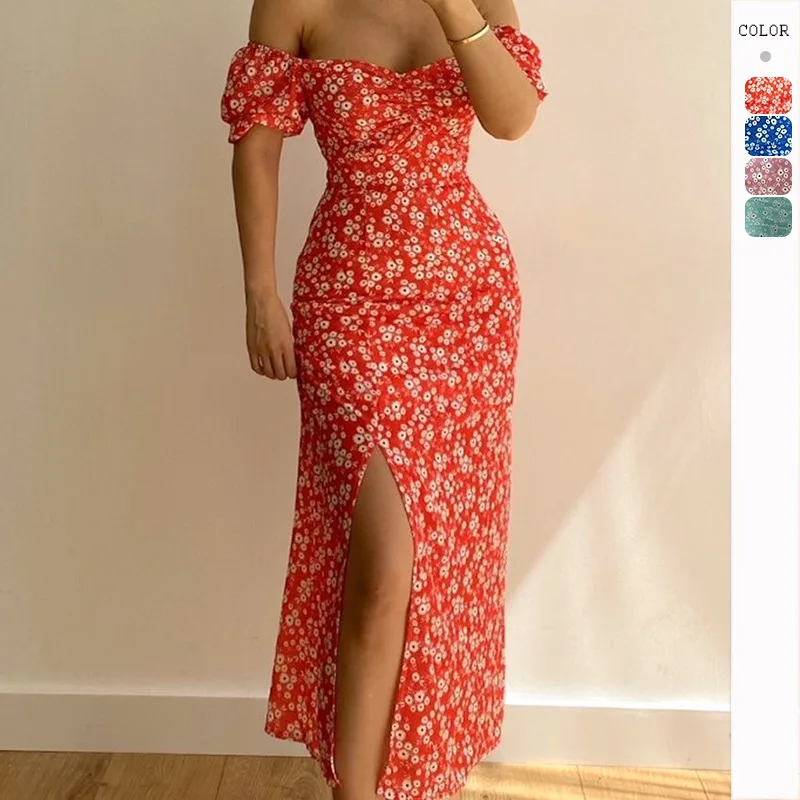 HMR-Summer Women's Sheath Split off-Neck Elegant Hot Girl Dress Clothes for Women