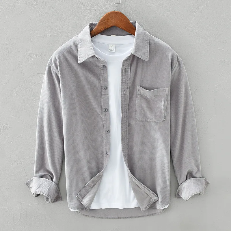 

Corduroy Shirts Men Long Sleeve Loose Premium Cotton Trendy Square Collar Japan Style Vintage Four Season High Quality Tops