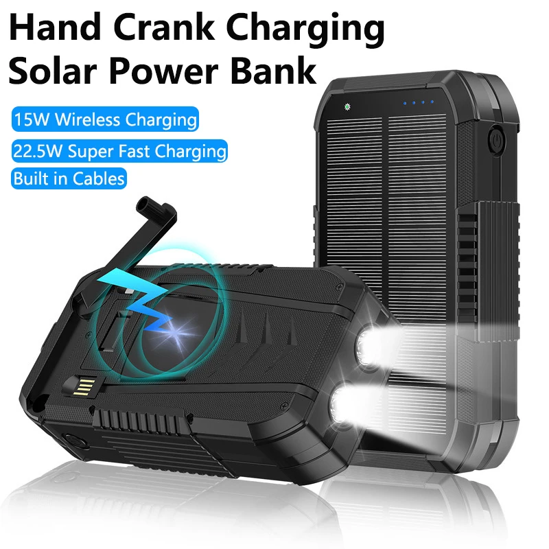Hand Crank Solar Power Bank 40000mAh With Cable Wireless 22.5W Fast Charger Powerbank For IPhone Samsung Xiaomi External Battery_voghion.com