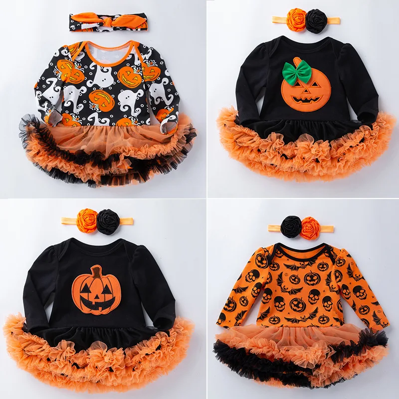 

Baby Girls Clothes Halloween Long Sleeve Tutu Dress with Headband 2023 New Pumpkin Fall Winter Newborns Child Costume