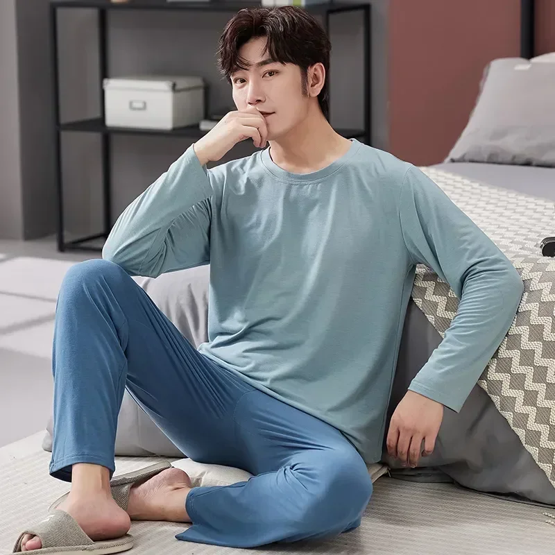 

Long Pants Modal Men + Sleepwear Autumn Spring Pajama Set For Soft Tops Sleeve Pajamas Sleepshirts Homewear O-neck Males