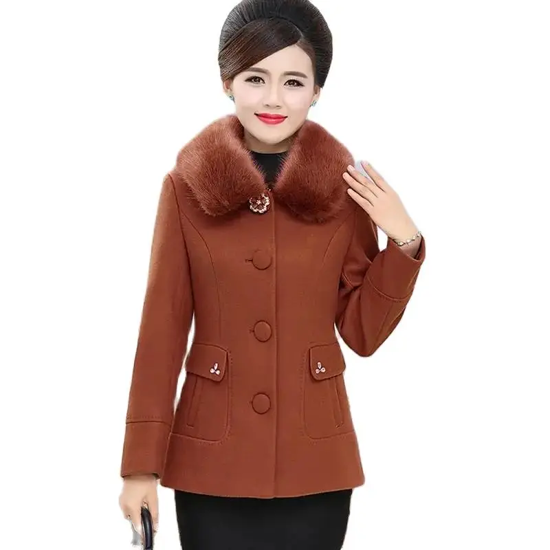 

Middle-aged Mother Fur Collar Autumn And Winter Fashion Woolen Coat Noble Short Middle-aged And elderly Women's Warm Woolen Coat