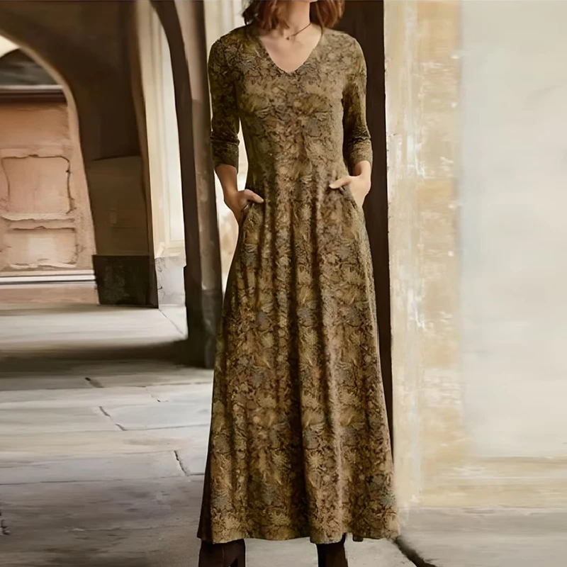 

Vintage Long Sleeve V-Neck Long Dress Fashion Pockets Style Pleated Loose Dresses Women Casual Pattern Print Autumn A-line Dress