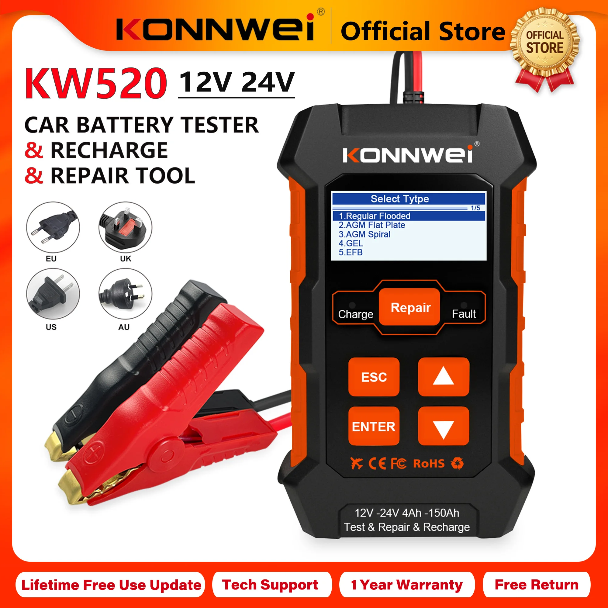 KONNWEI Lead Acid Battery Tester KW520, 3 in 1 12V 10A 24V 5A Charger Pulse Repair Tool with Cranking Charging Test for Cars Trucks and AGM Batteries