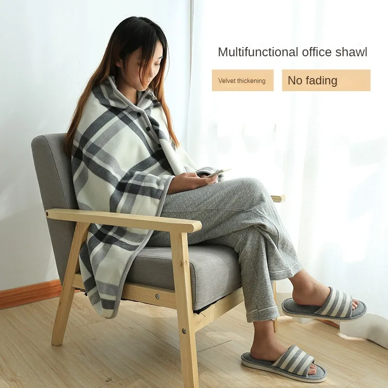 Thick Plaid Fleece Soft Throw Blanket with Buttons Warm Winter Wearable Adults Office Travel Home Shawl Farah Velvet Nap Cover hand knitted blanket