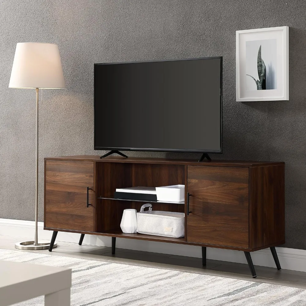

Walker Edison Saxon Mid Century Modern Glass Shelf TV Stand for TVs up to 65 Inches, 60 Inch, Walnut