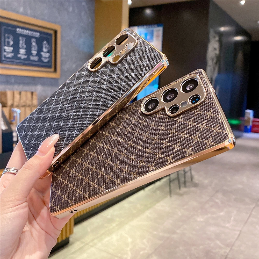 Luxury Gold Plating Glitter Retro Grid Leather Phone Case
