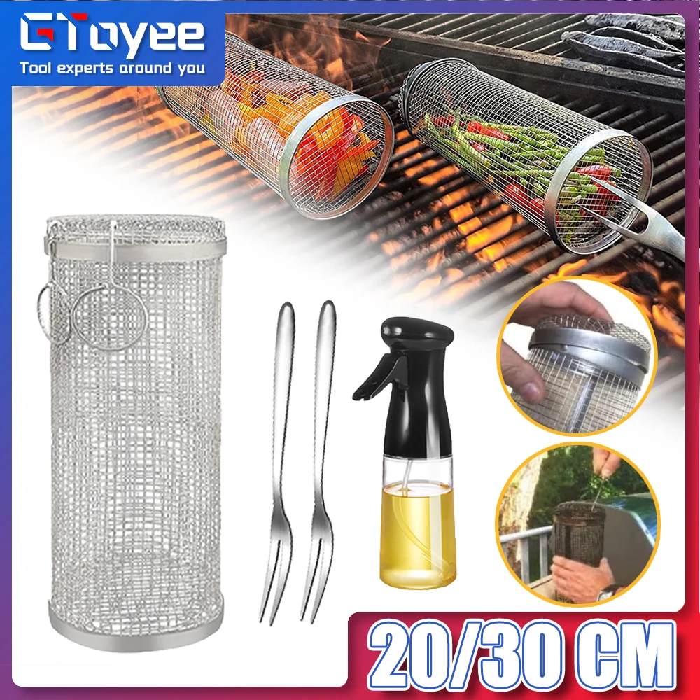 Barbecue Rolling Grill Stainless Steel Bbq Basket Cylinder Mesh Camping