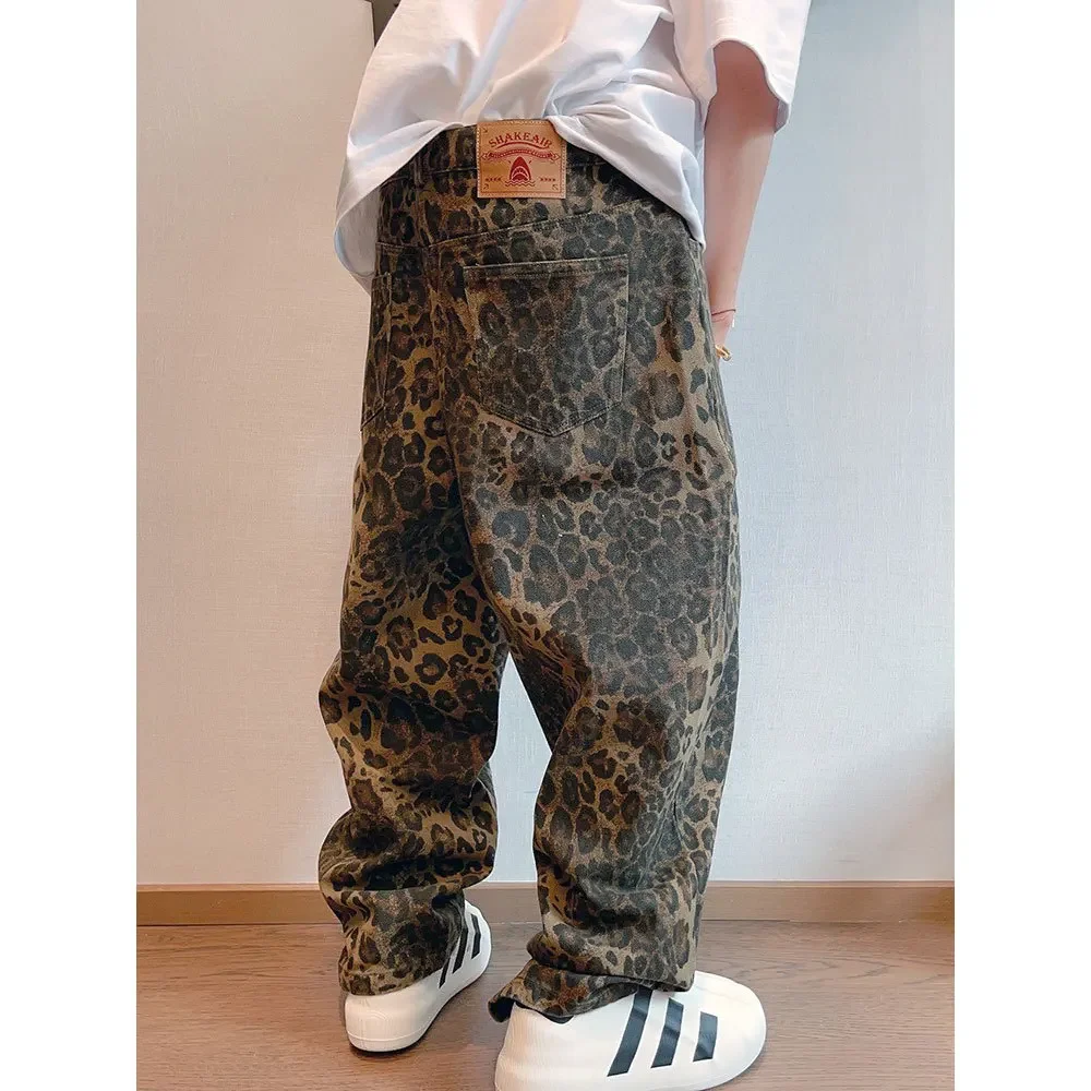 Leopard Print Jeans Men Denim Pants American Baggy Pants Male Y2k Retro High Street Sports Casual Loose Pants Plus Size 2024 new 2024 men s summer 3d print short sleeve polo shirt and beach shorts 2 piece sets tracksuit sets casual sports suit sets male