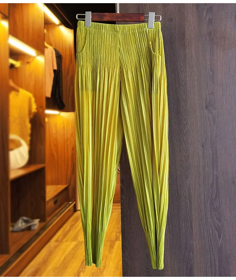Miyake Pleated Radish Pants Women's Loose Thin Harem Pants Pleated Calf Solid Color Versatile Simple Oversized with Elasticity