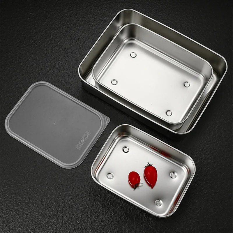 304 Stainless Steel Fresh-Keeping Food Storage Tray with Lid Refrigerator Fruits Sealing Box Meal Case Kitchen Bento Container