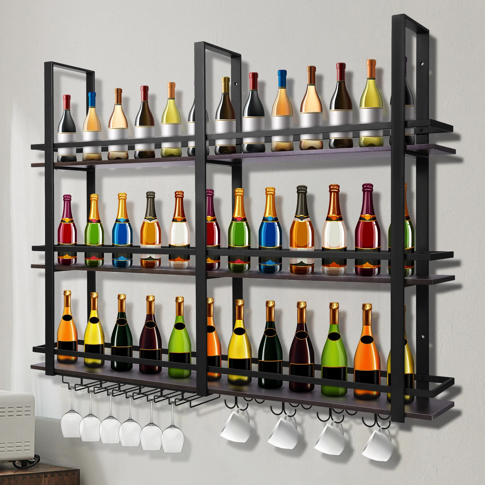Wall Mounted Wine Rack 3 Tier Metal Bar Liquor Shelves with Glass Holder Wine Glass Bottle Rack for Kitchen Dining Room Home Bar