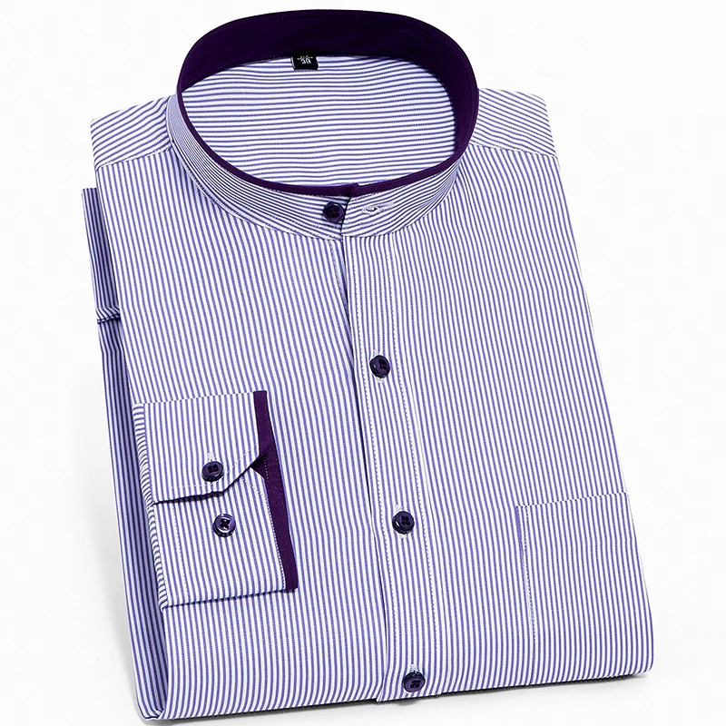 Men's Fashion Stand Collar Long Sleeve Shirt Pure Color Striped Business Casual Dress Formal Shirt Slim Fit soft comfortable