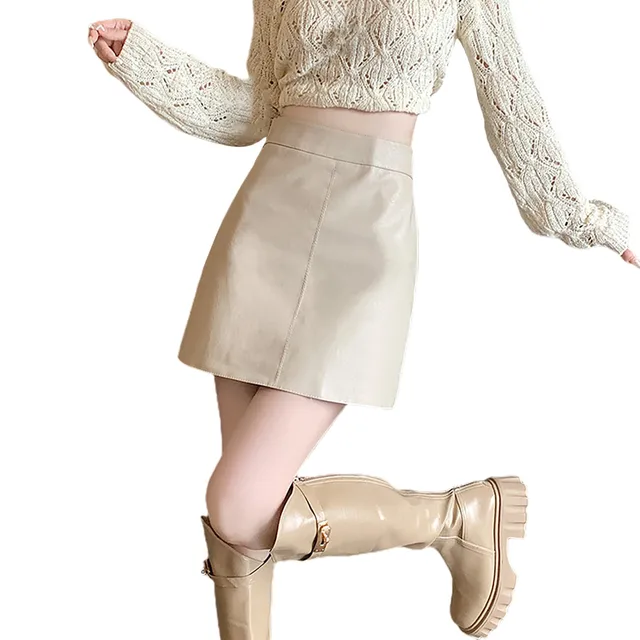 Korean Fashion Slim Fit Leather Skirts Ladies Solid Zippers High
