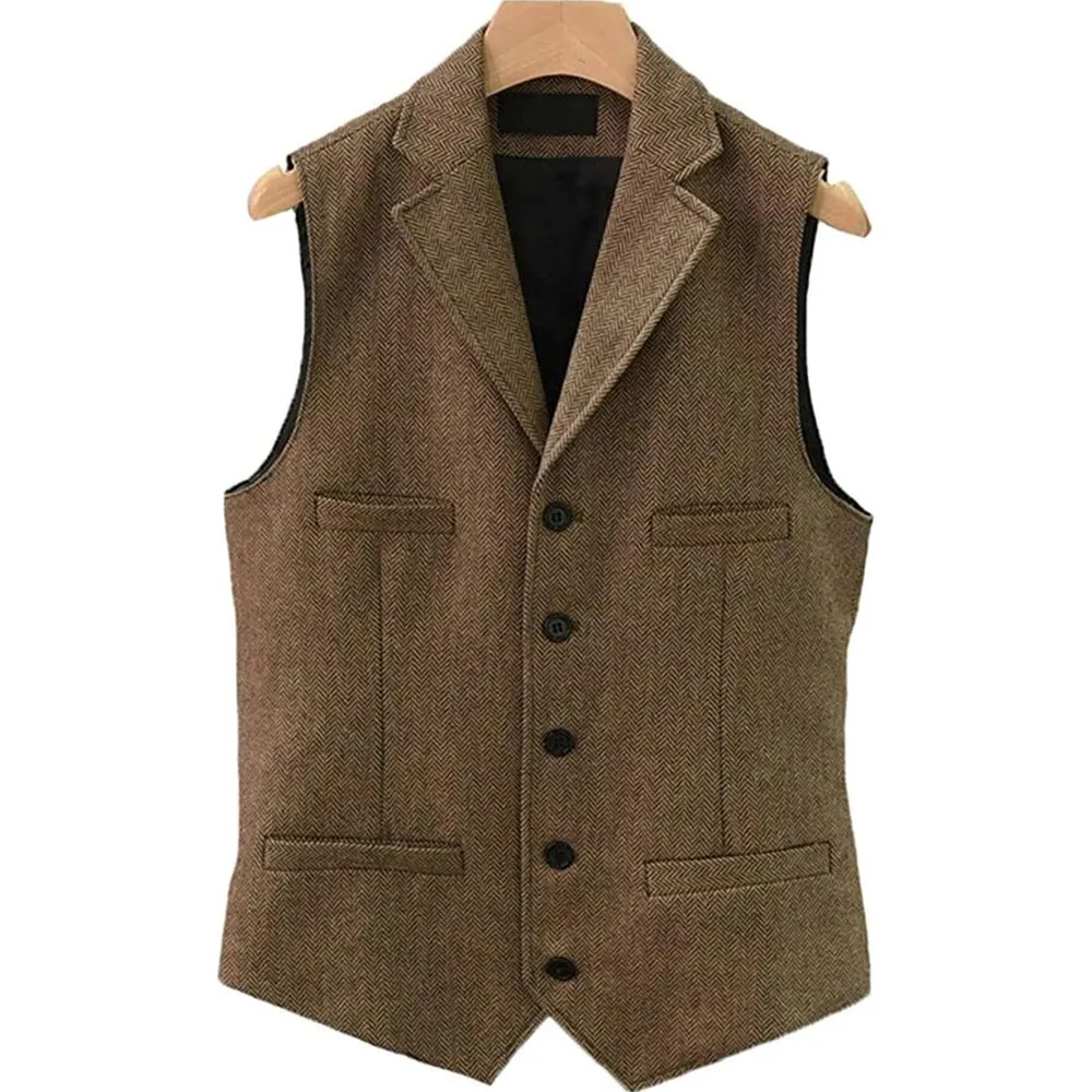 Tweed Herringbone Mens Suit Vest Slim Fit Notch Lapel With 4 Pockets Groomsmen Wedding Waistcoat For Wedding 4