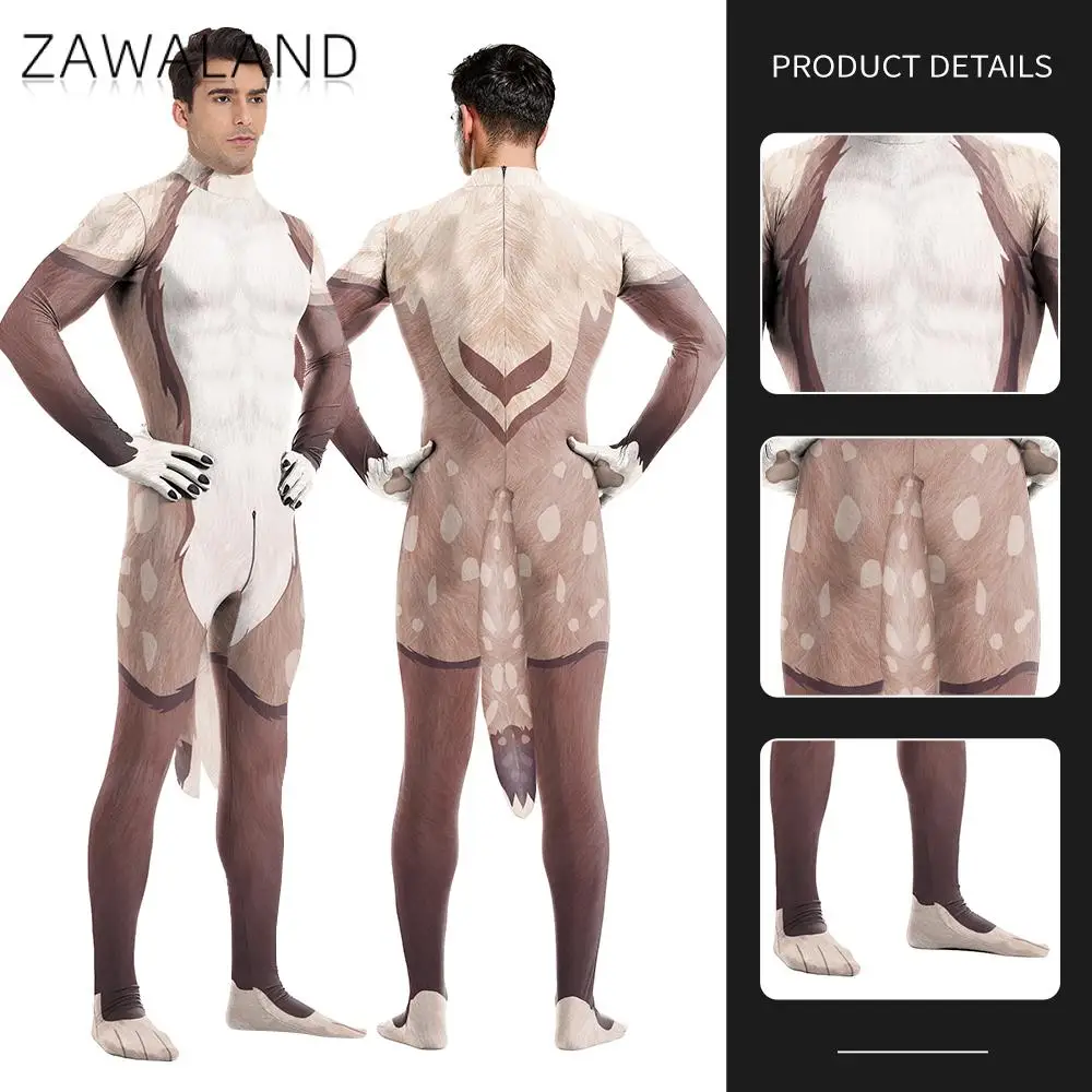 Zawaland Men Sika Deer Cosplay Costume Animal Elk Petsuit Fancy Carnival Bodysuit Party Disguise Zentai Suit Festival Catsuit