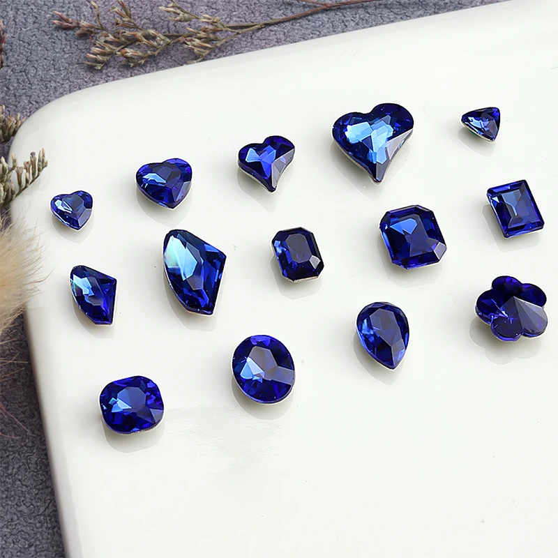 30PCS Sparkle Translucent Dark Blue Diamonds Various Shapes Heart Axe Drop Nail Art Rhinestones Decorations Manicure Ornaments