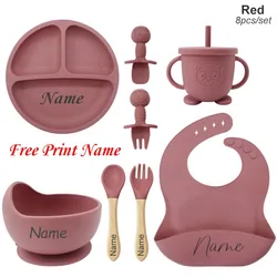 Customized Children's Silicone Feeding Set - Personalized Tableware (Red 8 Pcs)