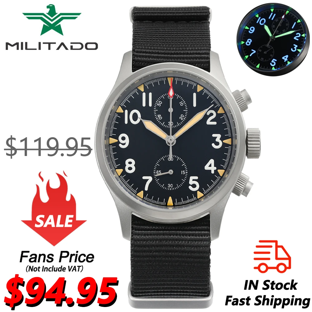 

Militado ML1868 Watch VK61 Quartz Movement 100m Water Resistance Watches Stainless Steel Chronograph Sapphire Crystal Wristwatch