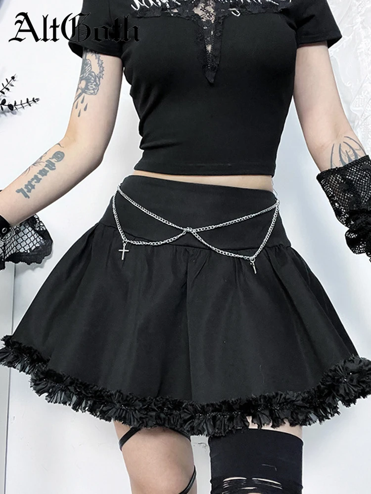 

AltGoth Harajuku Gothic A-line Skirt Women Streetwear Cyberpunk Cross Chain Mini Skirt Emo Alternative Grunge Jk Skirts Female