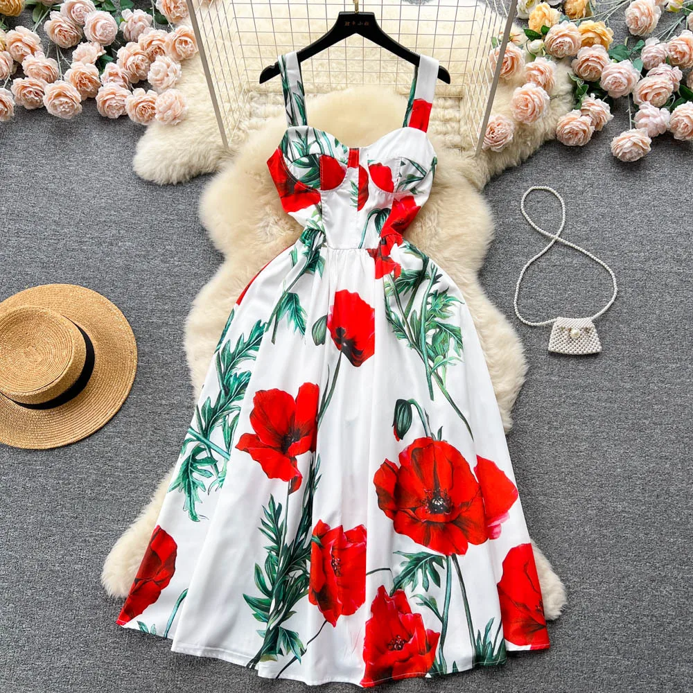 Fashion Designer Summer Midi Dress Women Sexy Spaghetti Strap Flower Print Vacation Party Elegant Purple Floral Dresses Vintage