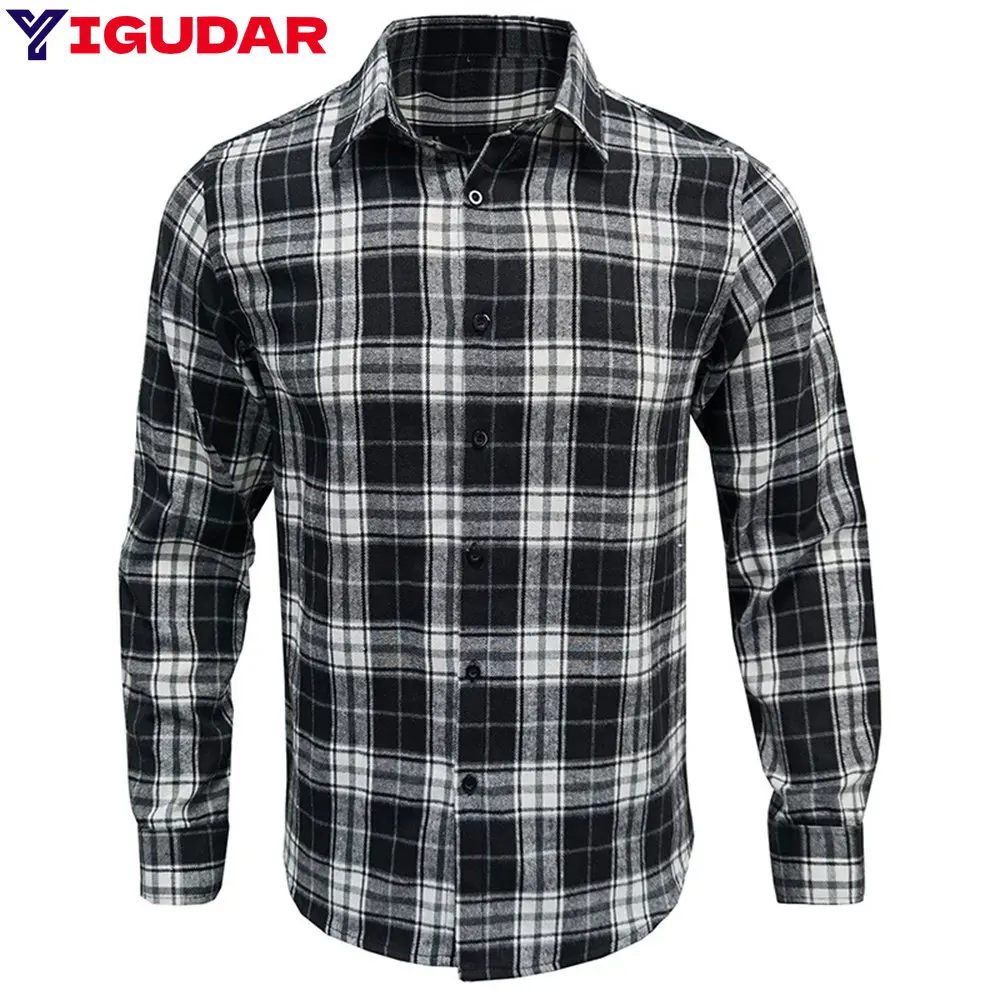 

Men's Black And White Plaid Shirt Korean Fashion Spring Autumn Long Sleeve Stand-Up Collar Shirts For Men Clothing