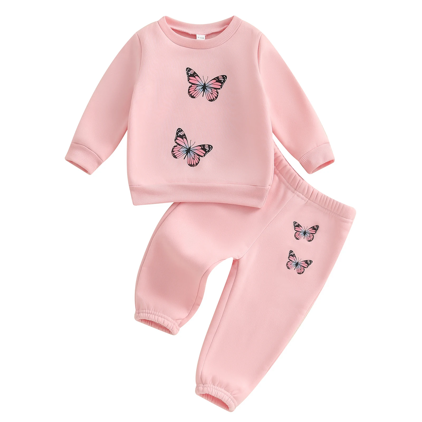 ملابس أطفال بناتي مكونة من قطعتين ملابس خريفية بأكمام طويلة وطبعة فراشة + بنطلون + مجموعة عصابة رأس ملابس للأطفال الصغار