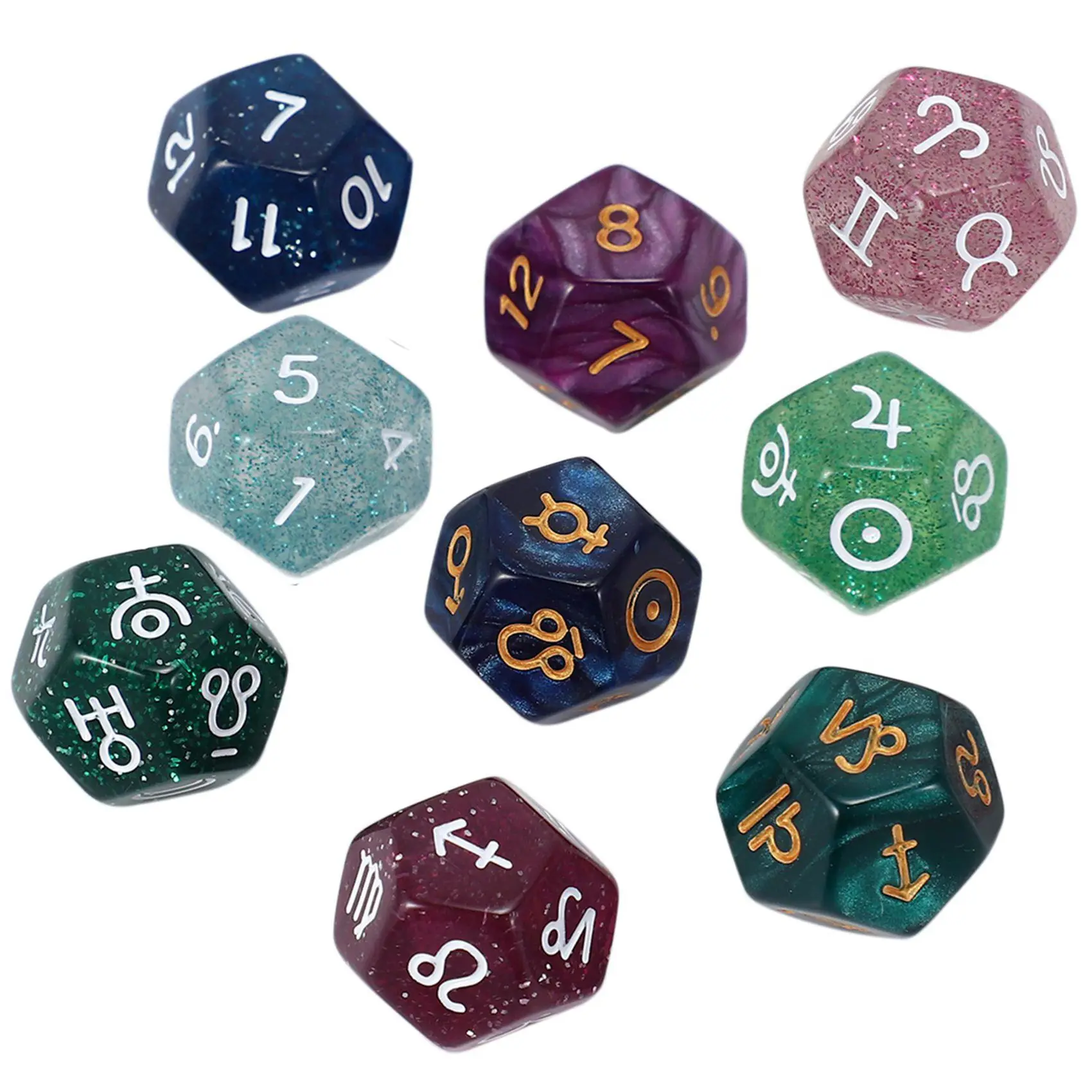 BAAU 36Pcs Pearl 12-Sided Astrology Zodiac Signs Dice for Constellation Divination Toys Multi Sided Dice Type A