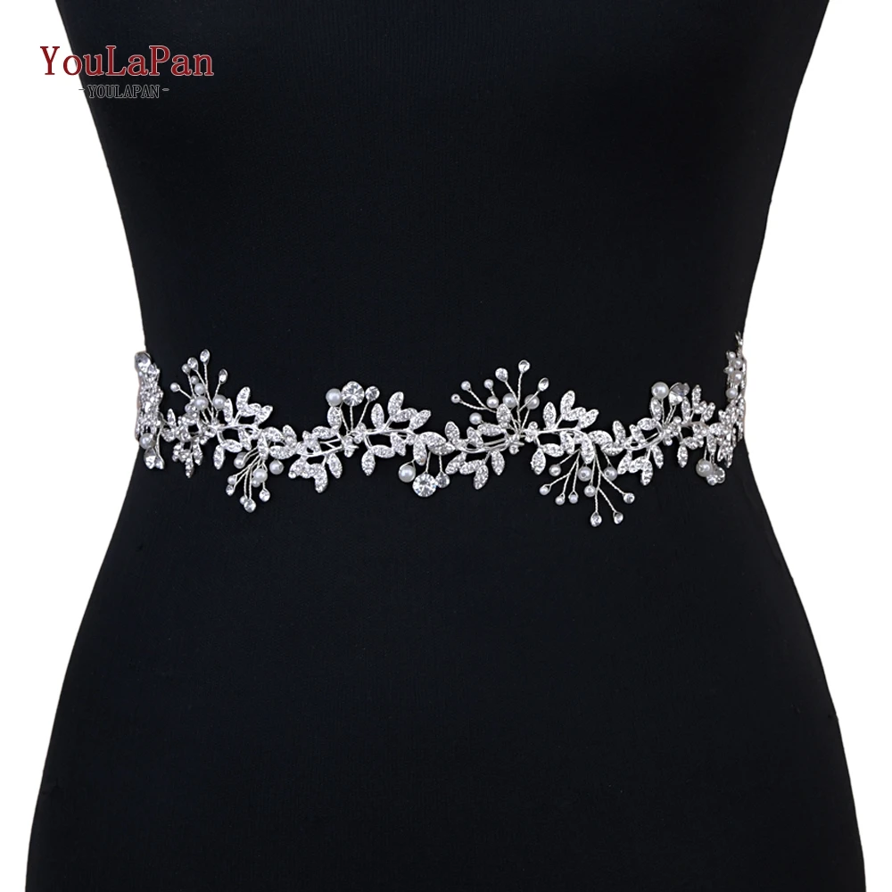 YouLaPan Rhinestone Wedding Dress Sash Belt Alloy Leaf Bridal