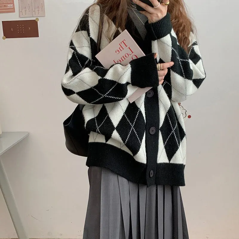 

Autumn Winter 2024 New Sweater Coat Loose Diamond Plaid Knitwear Top Fashion Cardigan Women's Sweaters Clothes