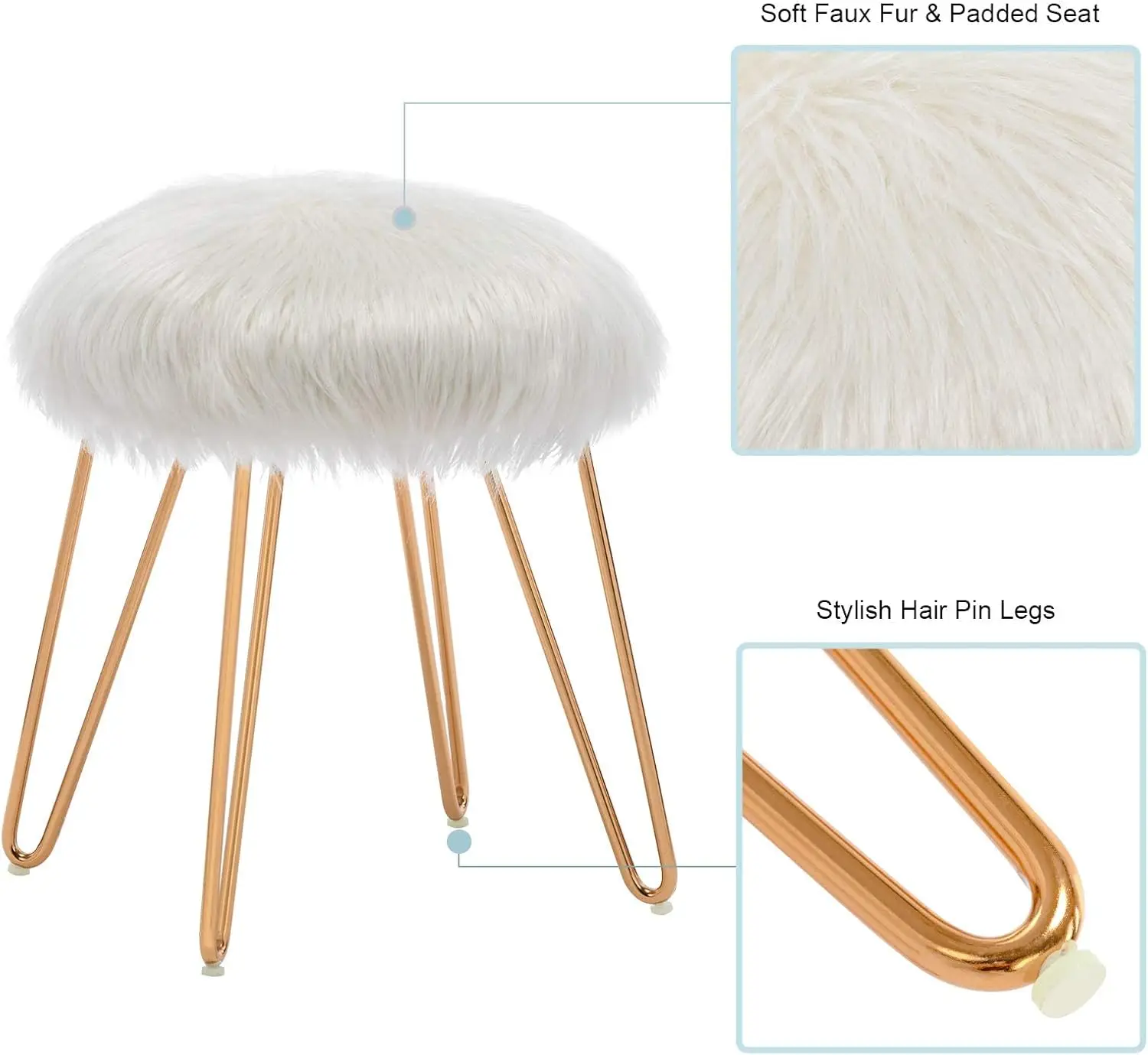Faux Fur Ottoman, Round Foot Rest Vanity Stool Makeup Stool with Gold Metal Hair Pin Legs