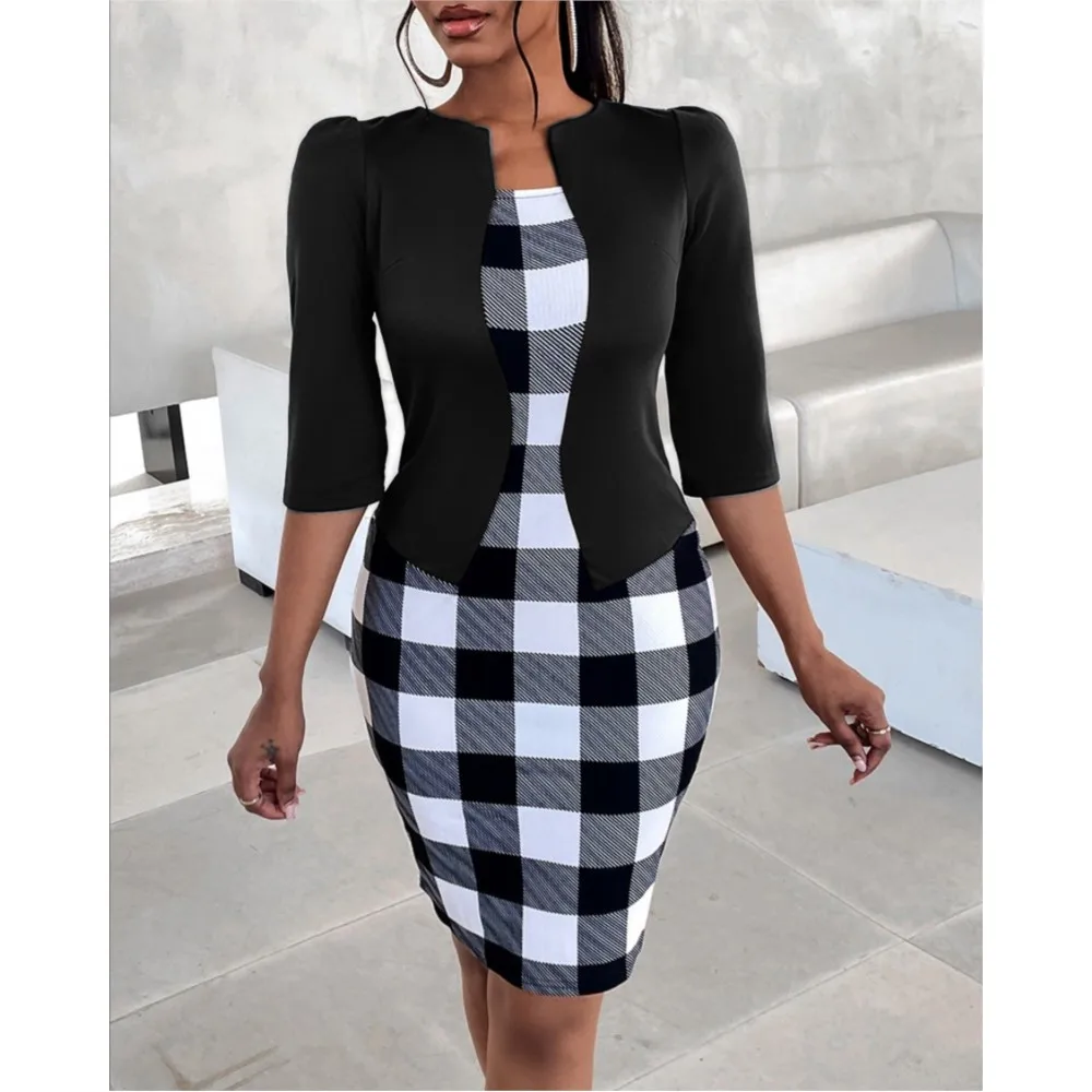 2024 Spring New Fake Two Piece Dress Women Fashion Street Trendy Half Open Collar Bag Hip Midi Office Ladies Elegant Dress Robe