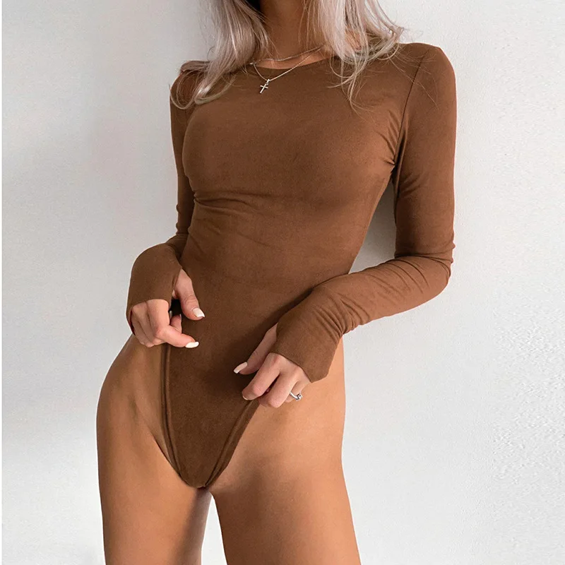 Women Sexy Long Sleeve Bodysuits Streetwear Jumpsuits Fashion Vintage O Neck Solid Outfit Basic Skinny Bodysuit Romper Ladies