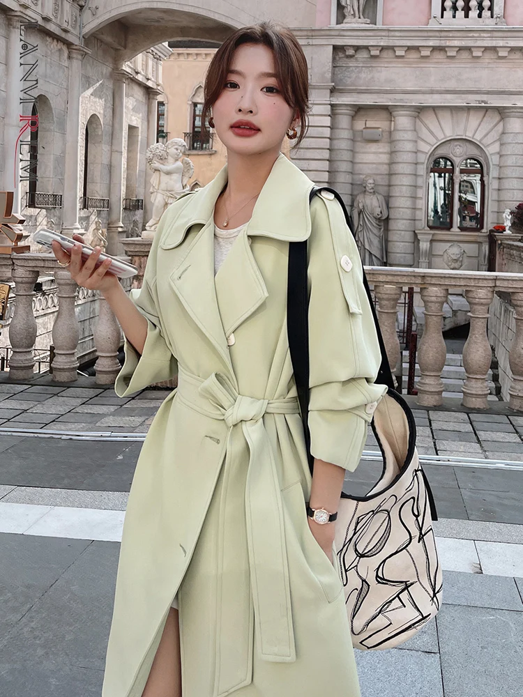 

LANMREM Casual Women Trench Coat For Women Lapel Single Breasted Long Sleeves High Waist Belt Coats 2023 Autumn New 2YA4035