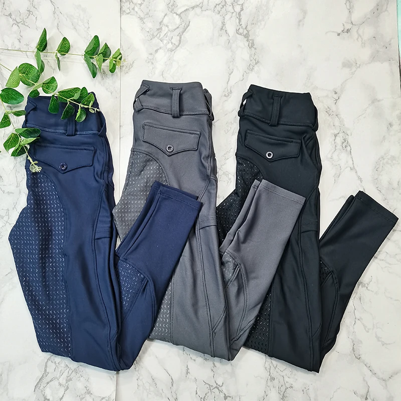 Horse Riding Pants Girls Full Seat Silicone Jodhpurs Child Racing Breeches Kids Leggings Equestrian Clothing Pockets