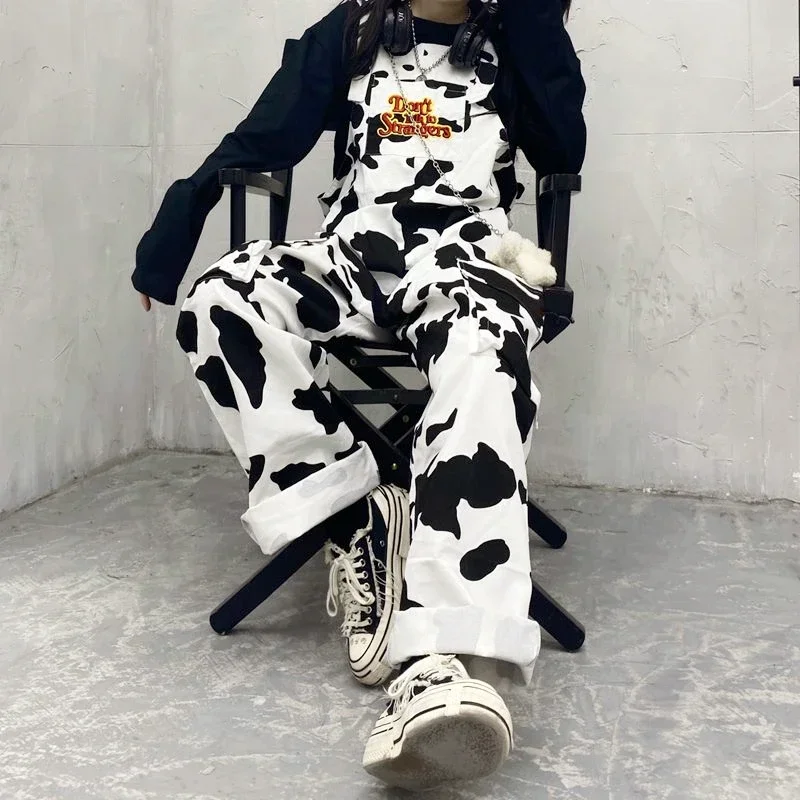 Street Hip-hop Harajuku Girl Cow Print Oneies for Women Black White Plaid Overalls Casual Jumpsuit Trousers Baggy Pants 3