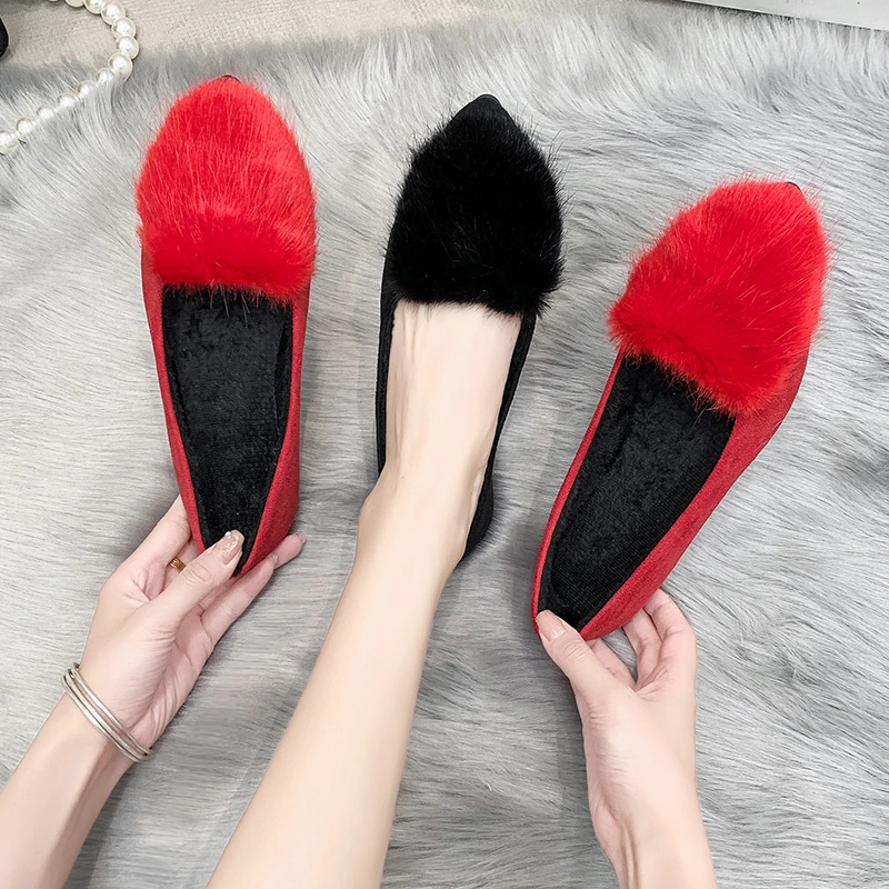 

2023 Fashion Shoes Women Solid Color Fuzz Flock Shoes Femal Loafers Flats Casual Mother Shoes Zapatos Mujer Plus Size 41 42 43