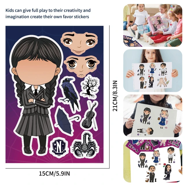 6/12Sheets Wednesday Addams Children Puzzle Stickers Make-a-Face