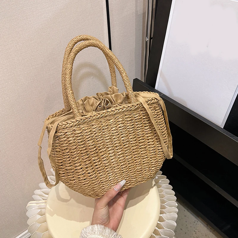 Drawstring Straw Bag for Women Top Handle Bag Summer Beach Woven Boho Bag Rattan Large Capacity Tote Bag Ladies Shopper Clutch