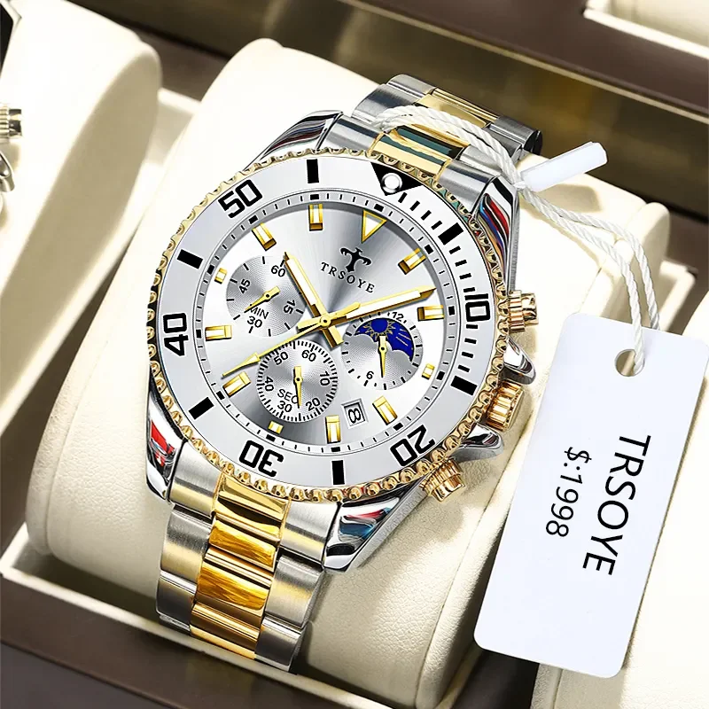 

Hottest Selling Fashionable Diamond dial Mens Watch Gold Pointer Illuminated Calendar 30M Water Resistant