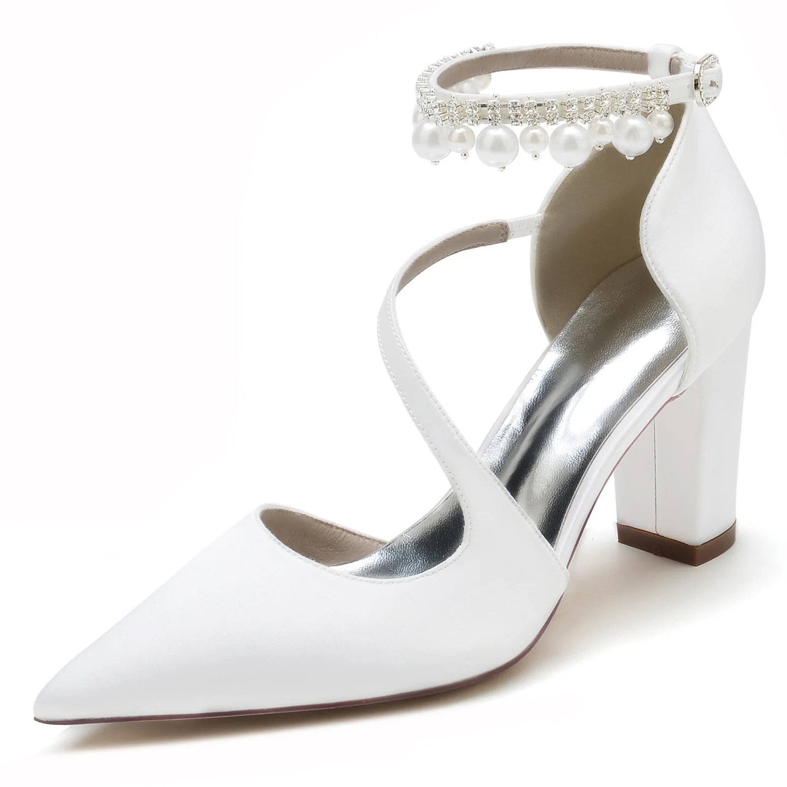 

Thick Heeled Pointed Pearl Wristband Wedding Shoes, Bride's Shoes