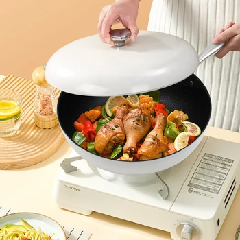 Pentola antiaderente in pietra morbida d'oca bianca 32 * 12 cm Padella con coperchio Padella per friggere Stufato Padella-Fry cottura a vapore bollente 1