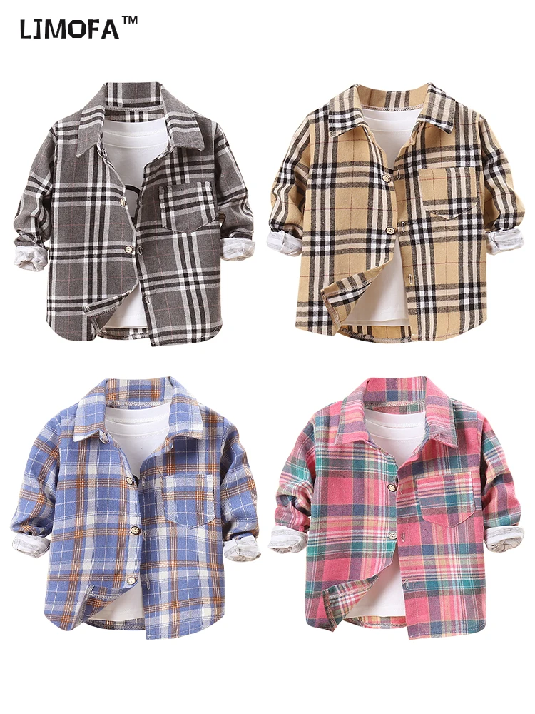 Kids Shirts Baby Girl Boy Plaid Cotton Casual Lapel Long Sleeve Top School Blouses Spring