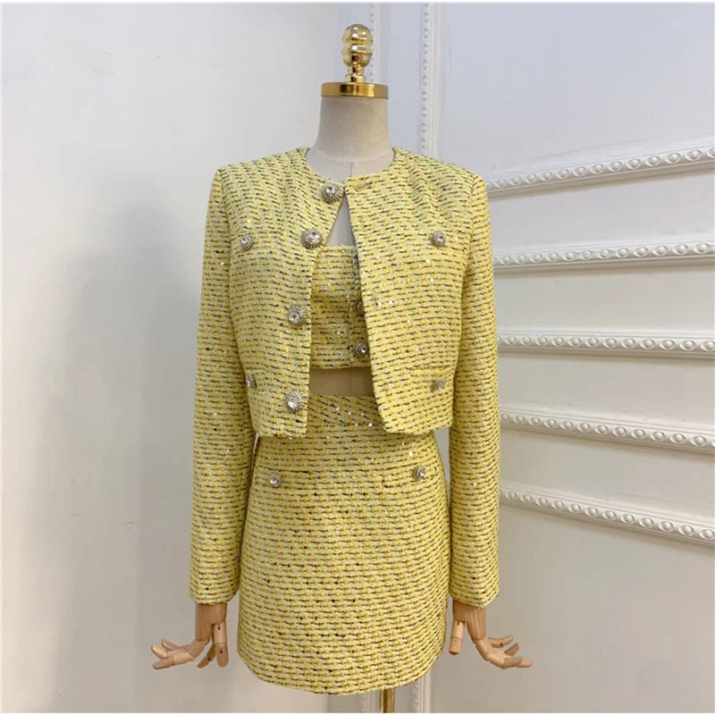 

Luxury Brand Stylish Designer Runway Skirt Suit Women's Sequined Striped Diamond Camis Short Jacket Skirt 3pcs Set Outfits