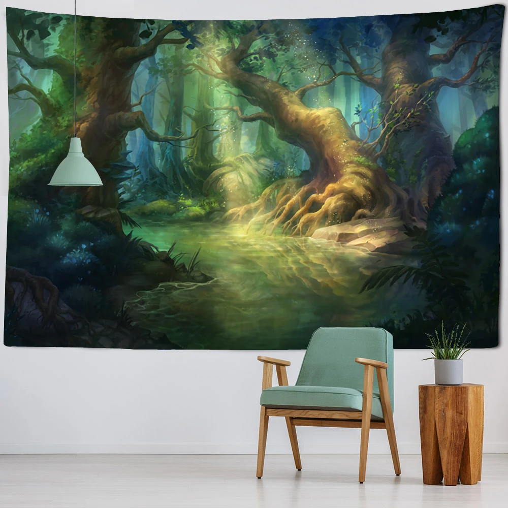 Tapiz colgante de pared de bosque de cuento de hadas, paisaje de fantasía, decoración de pared del hogar, manta Kawaii, tela de fondo de arte para