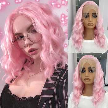 13x4 Pink Lace Front Wig Natural Looking 12inches Short Wave Wig Glueless Heat Resistant Synthetic Hair Daily Use Cosplay Wigs