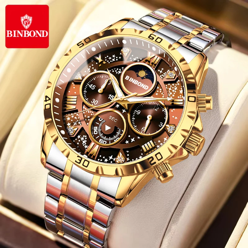 ساعة رجالية فاخرة من بينبوند، أزياء، متعددة الوظائف، فولاذ مقاوم للصدأ، كوارتز أصلي، عرض القمر، كرونوغراف، مقاومة للماء.