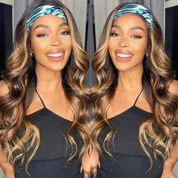 Parrucche in capelli umani 4/27 biondi con riflessi, ondulate, con fascia, colore ombré, brasiliane, senza colla, 100% capelli umani per donna